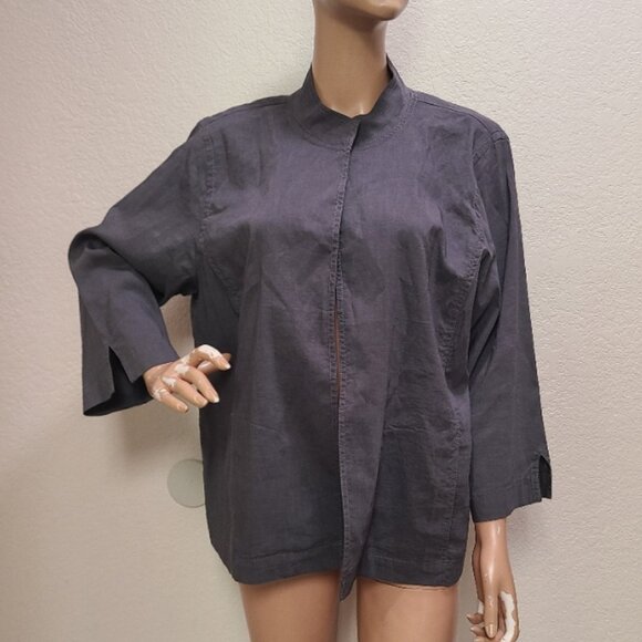 EILEEN FISHER STRETCH LINEN-BLEND OPEN FRONT STAND COLLAR KIMONO JACKET TOP XL - Picture 2 of 8